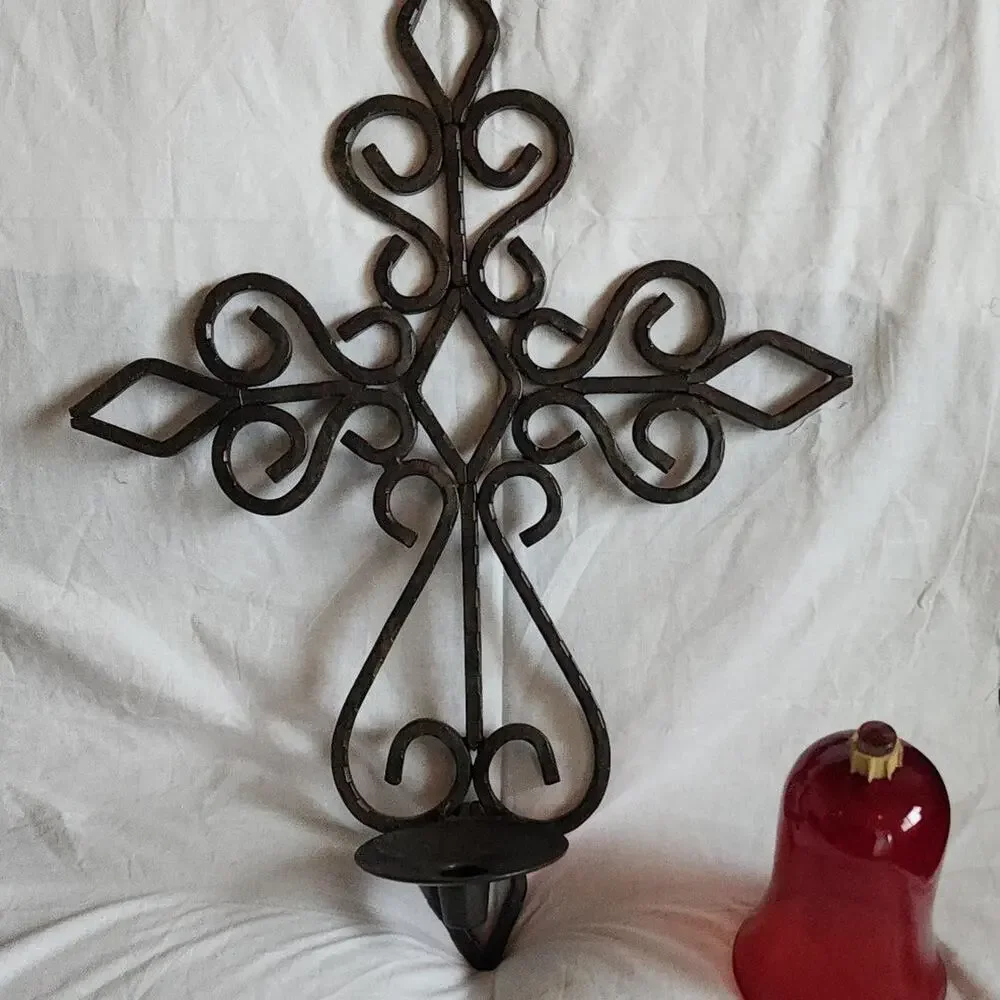 Heavy Hammered Metal Cross with Folding Candle Holder, incl. Red Glass Vase